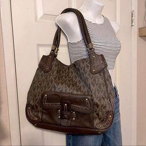 Michael Kors  Signature Brown PC Canvas With Leather Braided Strap Shoulder Bag